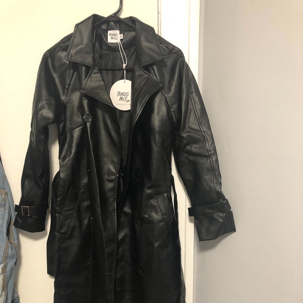 Brand New Black Leather Trench Coat with tags on, Never used.